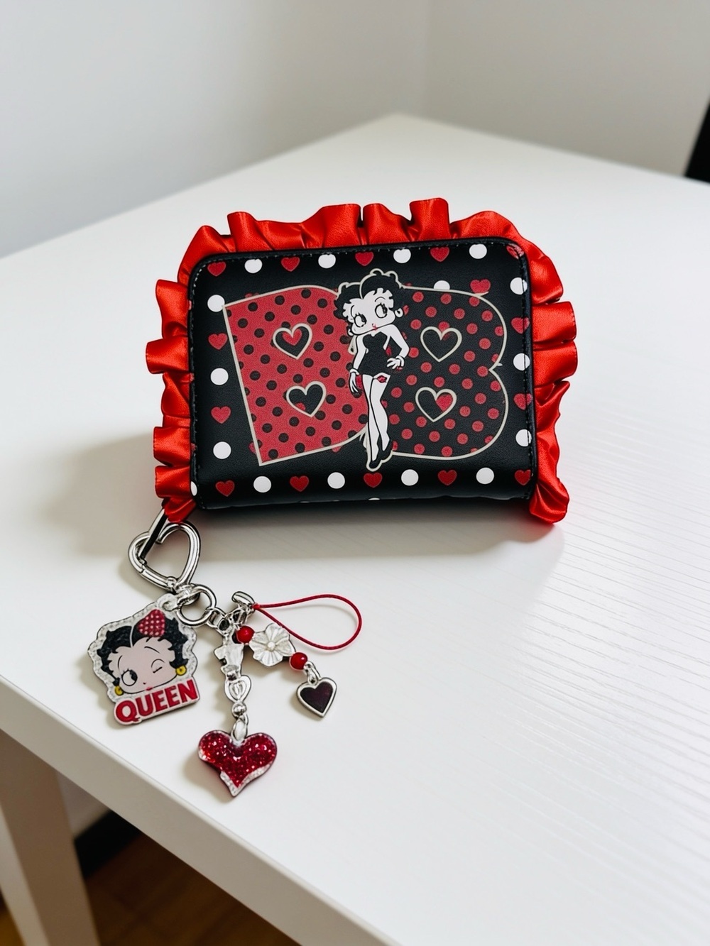 Betty Boop Ruffle Zip Wallet w/ Handmade Charm Set – Black Red Hearts Polka Dot